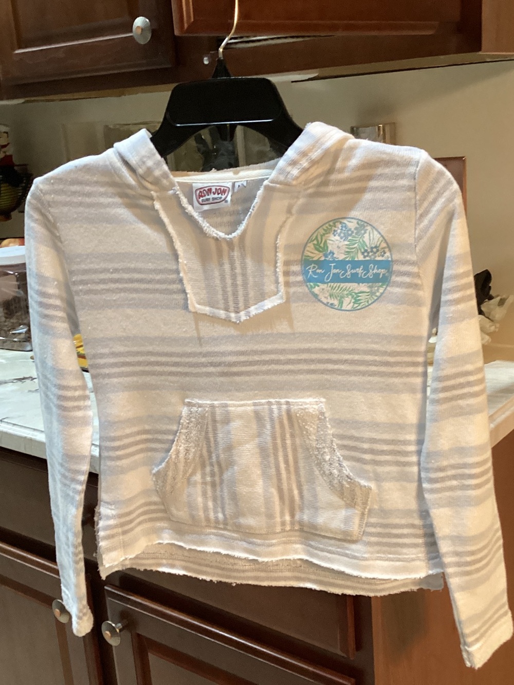 Ron Jon Cream & Gray Striped Kids Hoodie